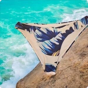 Tropical Bikini Bottom Blue Yellow White Leaf Pattern 12/14 NWOT